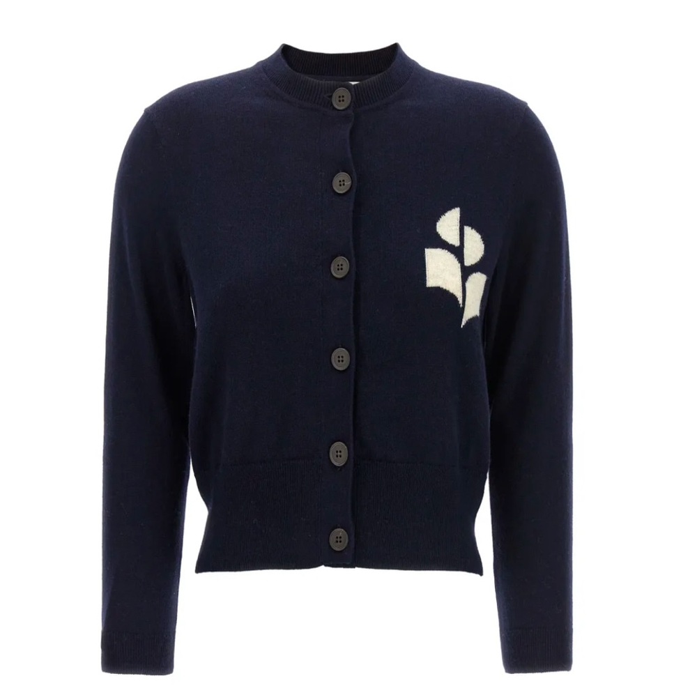 Isabel Marant Navy Cardigan Sweater with Textured Knit and Geometric Logo